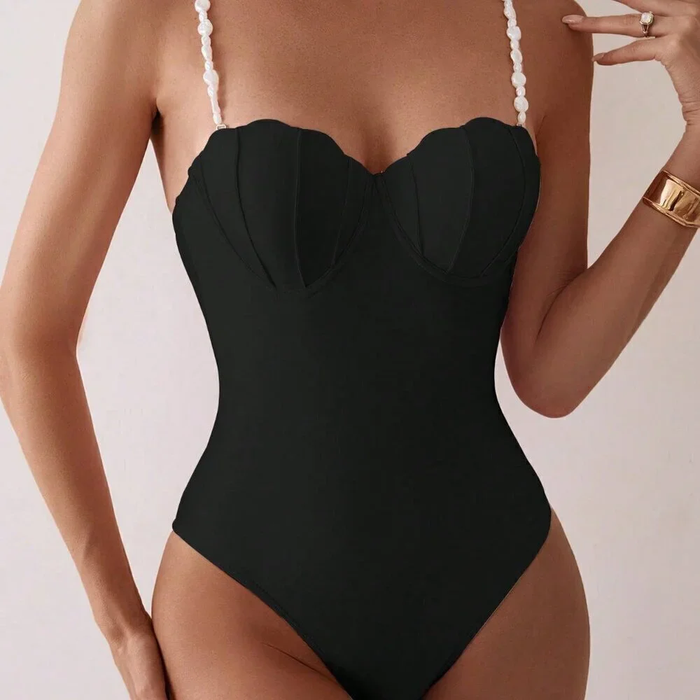 Black Cute Women's Iridescent Faux Pearl Decorated One-Piece Swimsuit